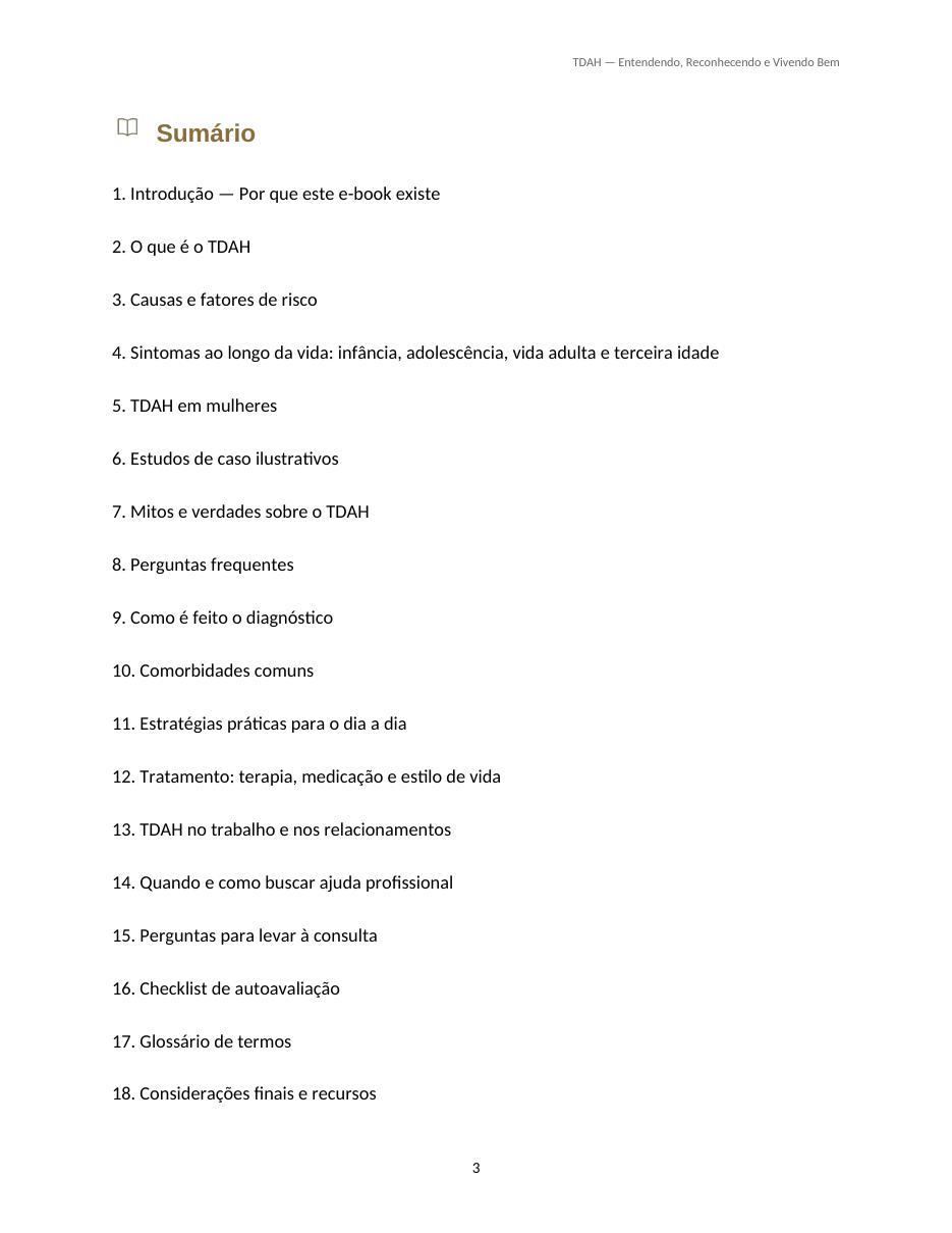 Página do sumário do e-book de TDAH, listando os 18 capítulos